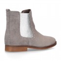 Suede leather ankle boots countryside style with metal elastic band.