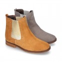 Suede leather ankle boots countryside style with metal elastic band.