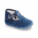 Velvet canvas T-Strap shoes for babies with hook and loop strap.