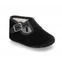 Velvet canvas T-Strap shoes for babies with hook and loop strap.