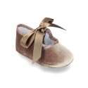 Velvet little Mary Janes for babies with ties closure.