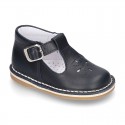 VINTAGE style Nappa Leather T-strap shoes with buckle fastening.