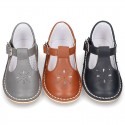 VINTAGE style Nappa Leather T-strap shoes with buckle fastening.