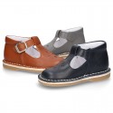 VINTAGE style Nappa Leather T-strap shoes with buckle fastening.