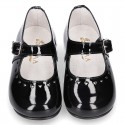 Classic BLACK patent leather little Mary Janes with perforated heart design.