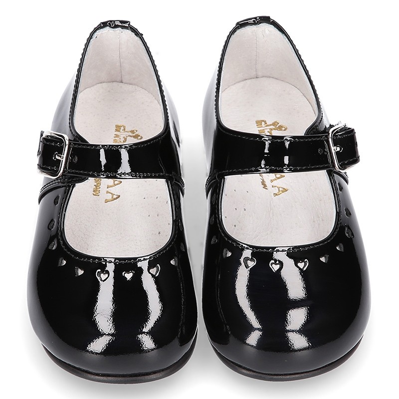 Classic BLACK patent leather little Mary Janes with perforated heart ...