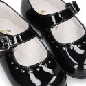 Classic BLACK patent leather little Mary Janes with perforated heart design.