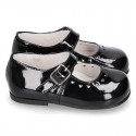 Classic BLACK patent leather little Mary Janes with perforated heart design.