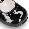 Classic BLACK patent leather little Mary Janes with perforated heart design.