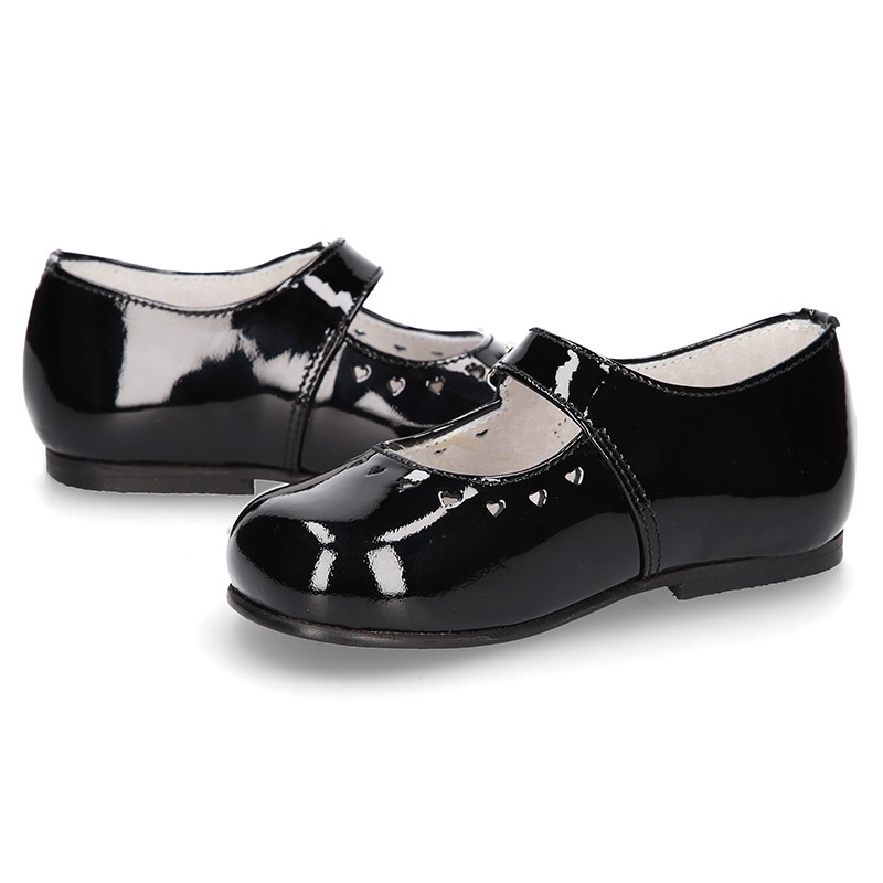 Classic BLACK patent leather little Mary Janes with perforated heart ...