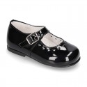 Classic BLACK patent leather little Mary Janes with perforated heart design.