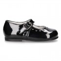 Classic BLACK patent leather little Mary Janes with perforated heart design.