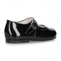 Classic BLACK patent leather little Mary Janes with perforated heart design.