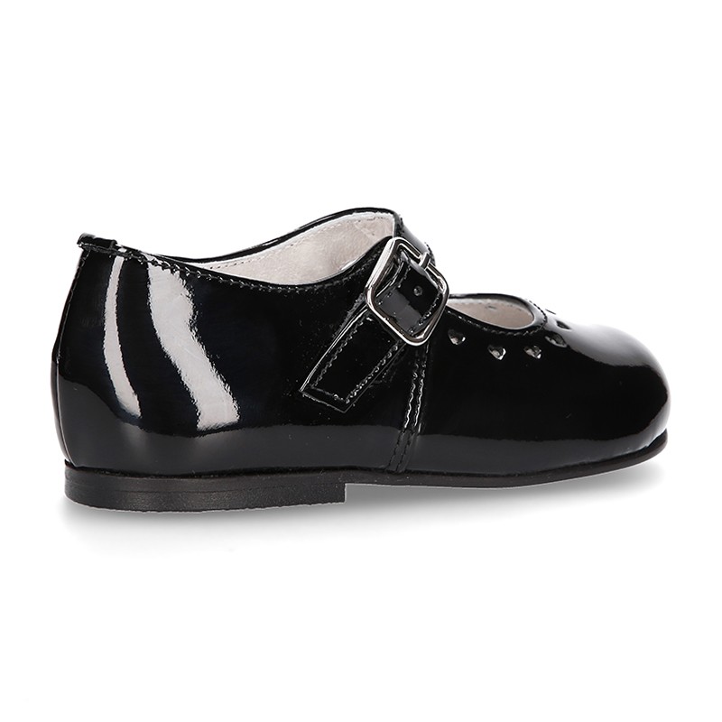 Classic BLACK patent leather little Mary Janes with perforated 