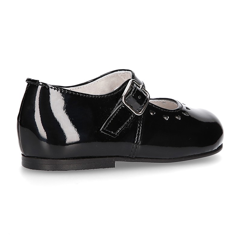 Classic BLACK patent leather little Mary Janes with perforated heart ...