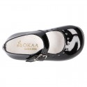 Classic BLACK patent leather little Mary Janes with perforated heart design.