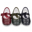 New Classic Soft Nappa leather little Mary Jane shoes with velcro strap and ribbon.