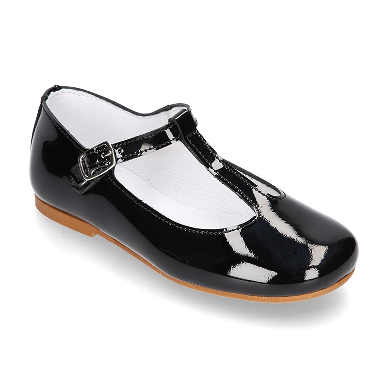 Tstrap little Mary Jane shoes in BLACK patent leather.