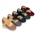 New Autumn winter canvas Mary Jane shoes with ties closure with Velvet big bow.