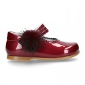 New Classic Patent leather little Mary Jane shoes with velcro strap and POMPONS.