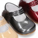 New Classic Patent leather little Mary Jane shoes with velcro strap and POMPONS.