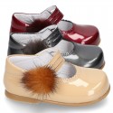 New Classic Patent leather little Mary Jane shoes with velcro strap and POMPONS.