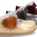 New Classic Patent leather little Mary Jane shoes with velcro strap and POMPONS.