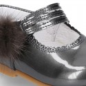 New Classic Patent leather little Mary Jane shoes with velcro strap and POMPONS.