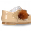 New Classic Patent leather little Mary Jane shoes with velcro strap and POMPONS.