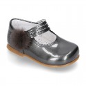 New Classic Patent leather little Mary Jane shoes with velcro strap and POMPONS.