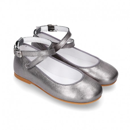 Soft Metal Nappa leather little Mary Janes Gilda style.