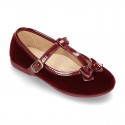 Autumn winter Velvet canvas T-strap little Mary Jane shoes combined with bow.