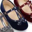 Autumn winter Velvet canvas T-strap little Mary Jane shoes combined with bow.