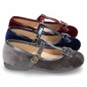 Autumn winter Velvet canvas T-strap little Mary Jane shoes combined with bow.