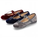 Autumn winter Velvet canvas T-strap little Mary Jane shoes combined with bow.