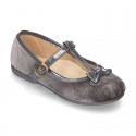 Autumn winter Velvet canvas T-strap little Mary Jane shoes combined with bow.