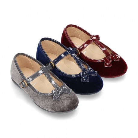 Autumn winter Velvet canvas T-strap little Mary Jane shoes combined with bow.