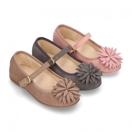 New Suede leather little Mary Jane shoes with FLOWER Pompon design.