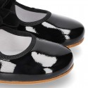 New Little Mary Janes angle style in BLACK patent leather with velvet ties.