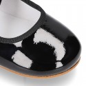 New Little Mary Janes angle style in BLACK patent leather with velvet ties.
