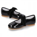 New Little Mary Janes angle style in BLACK patent leather with velvet ties.