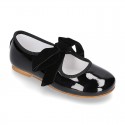 New Little Mary Janes angle style in BLACK patent leather with velvet ties.