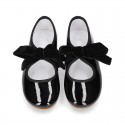 New Little Mary Janes angle style in BLACK patent leather with velvet ties.