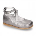 New Metal leather little Mary Janes with crossed straps.