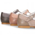 New T-strap little Mary Janes combined in soft suede leather with soft nappa leather.