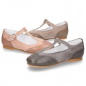New T-strap little Mary Janes combined in soft suede leather with soft nappa leather.