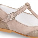 New T-strap little Mary Janes combined in soft suede leather with soft nappa leather.