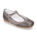 New T-strap little Mary Janes combined in soft suede leather with soft nappa leather.
