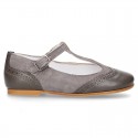 New T-strap little Mary Janes combined in soft suede leather with soft nappa leather.