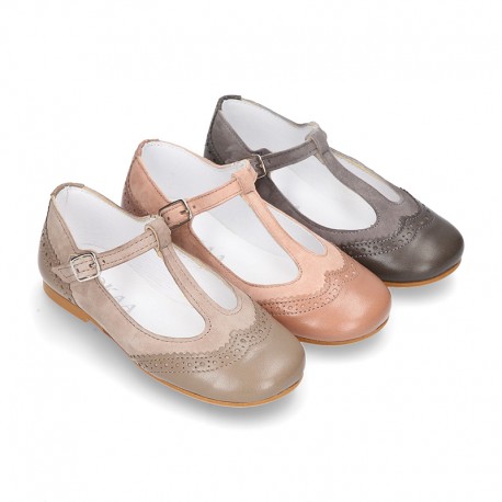 New T-strap little Mary Janes combined in soft suede leather with soft nappa leather.